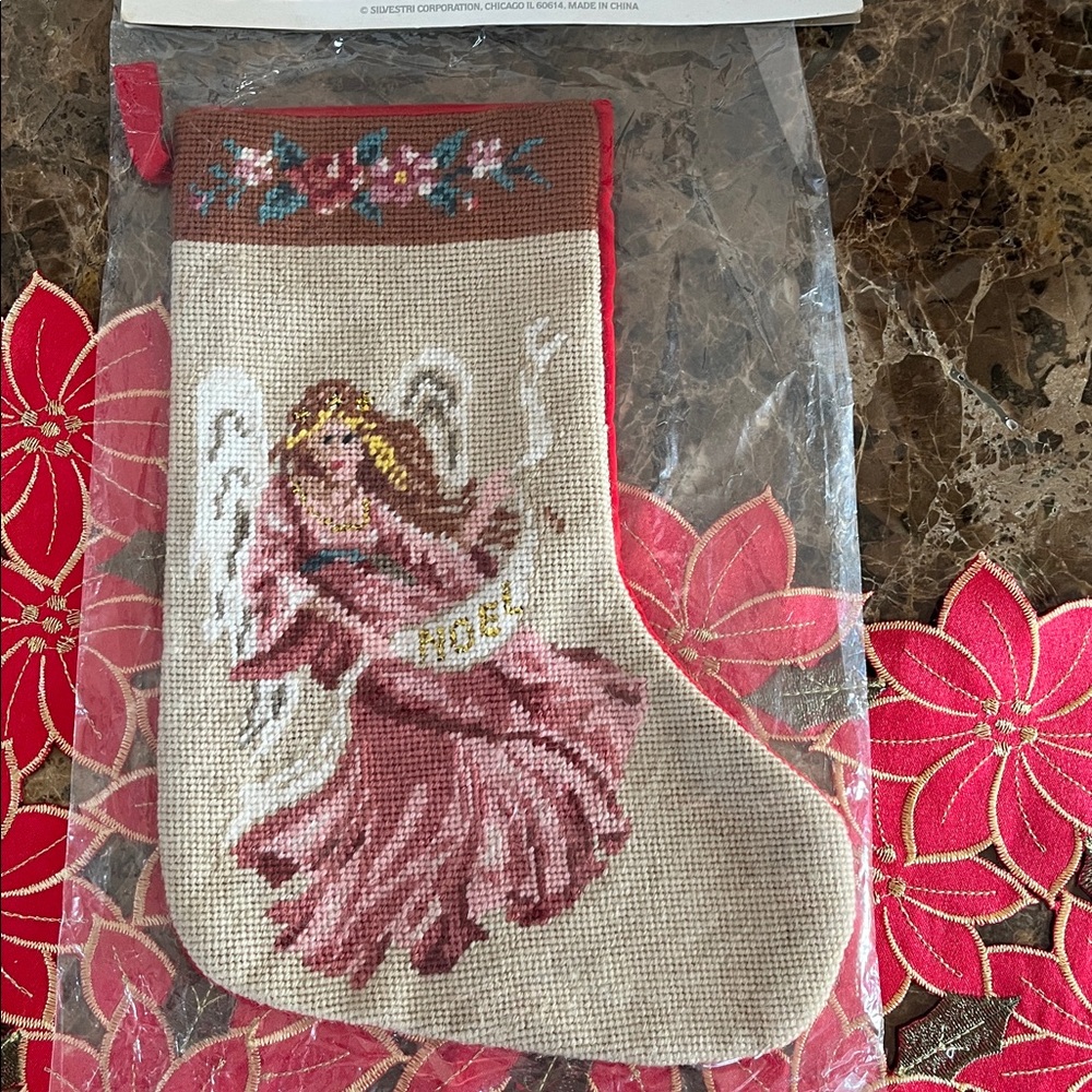 🆕 Vintage Silvestri Needlepoint Pink Christmas Angel Hanging Christmas Stocking